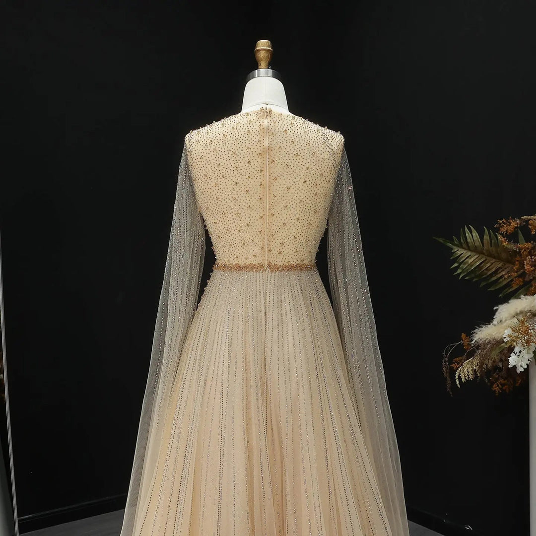 Luxury Blue Beaded Evening Dress with Cape Sleeves SS054-DreamyVow