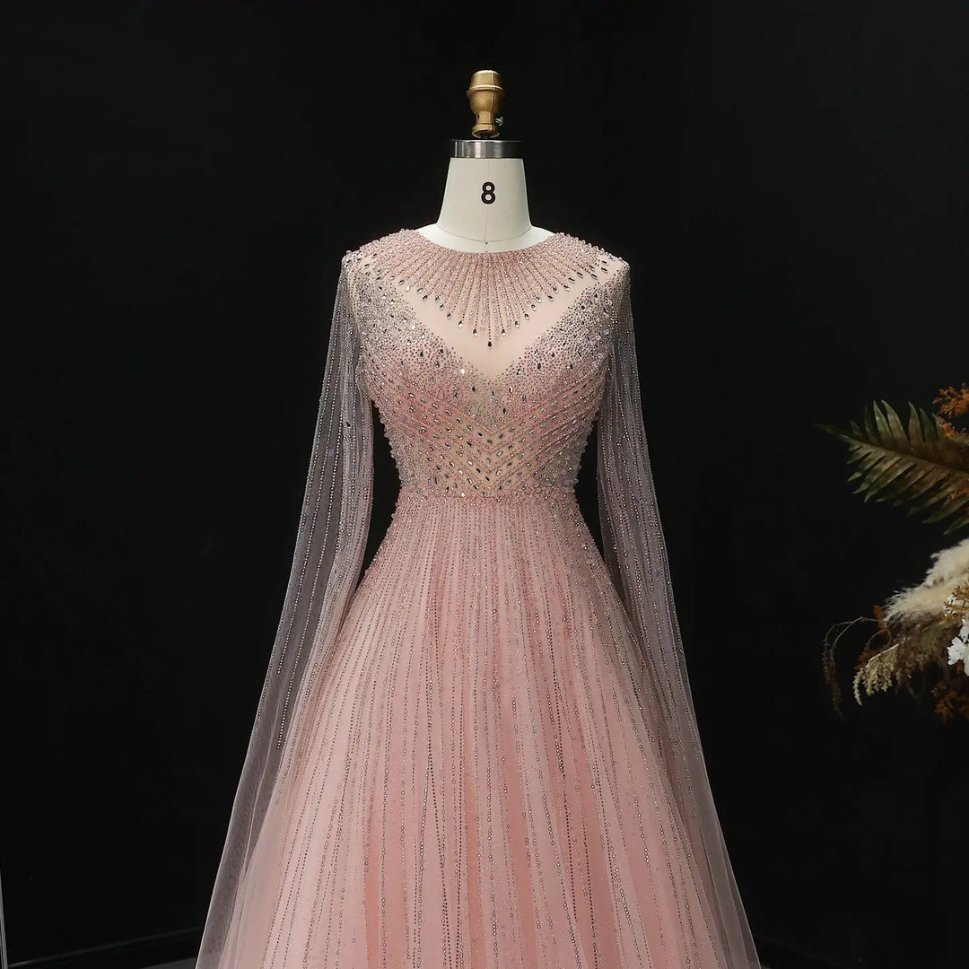 Luxury Blue Beaded Evening Dress with Cape Sleeves SS054-DreamyVow