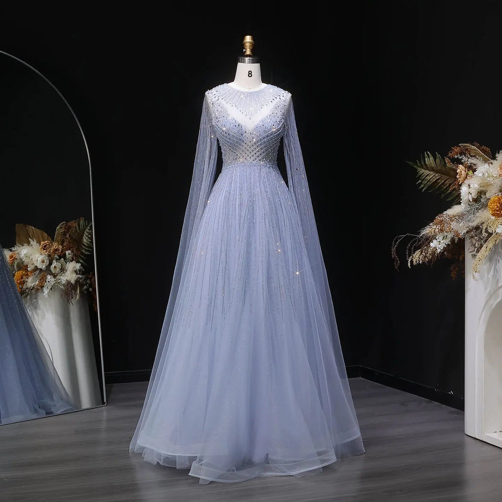 Luxury Blue Beaded Evening Dress with Cape Sleeves SS054-DreamyVow