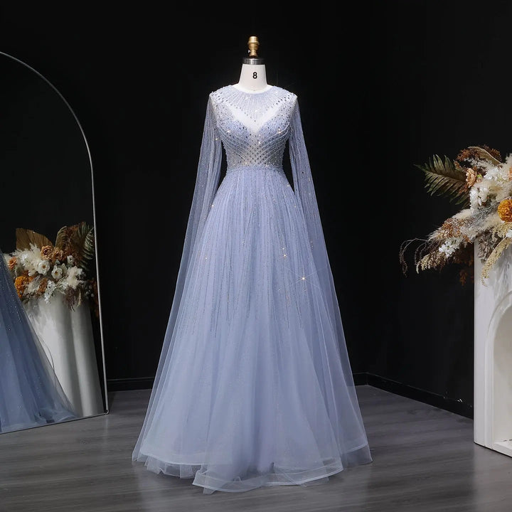 Luxury Blue Beaded Evening Dress with Cape Sleeves SS054-DreamyVow