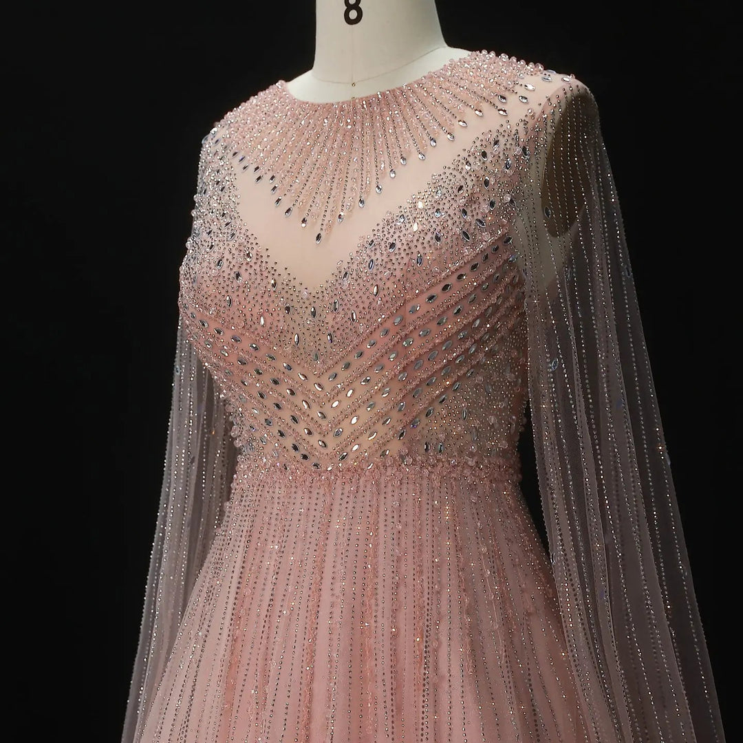 Luxury Blue Beaded Evening Dress with Cape Sleeves SS054-DreamyVow