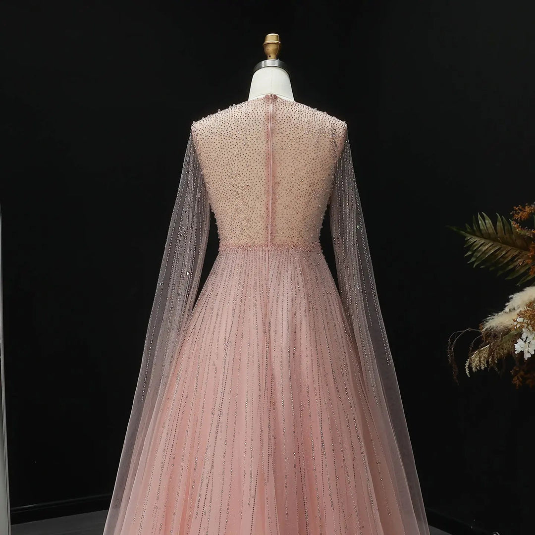 Luxury Blue Beaded Evening Dress with Cape Sleeves SS054-DreamyVow