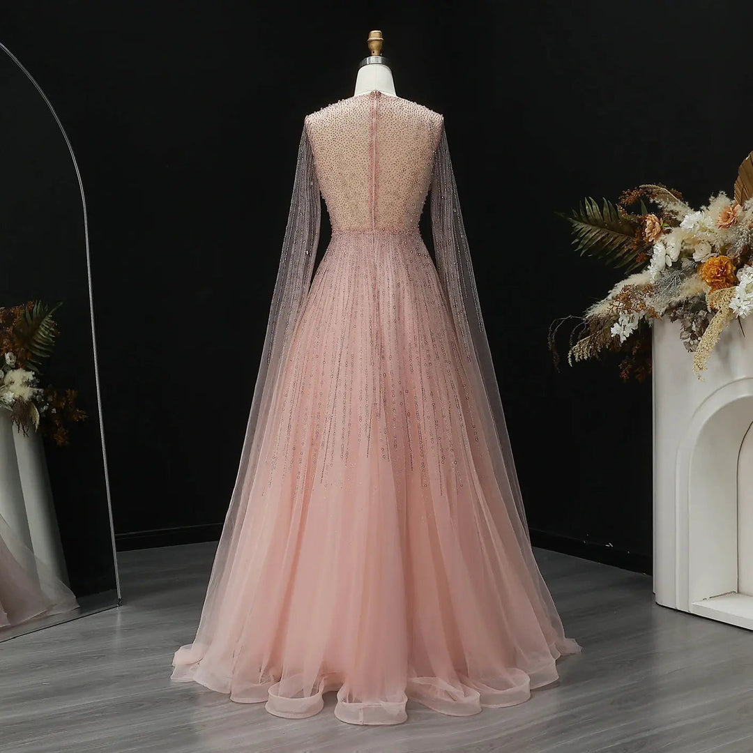Luxury Blue Beaded Evening Dress with Cape Sleeves SS054-DreamyVow
