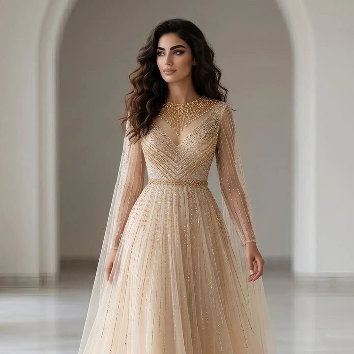 Luxury Blue Beaded Evening Dress with Cape Sleeves SS054-DreamyVow