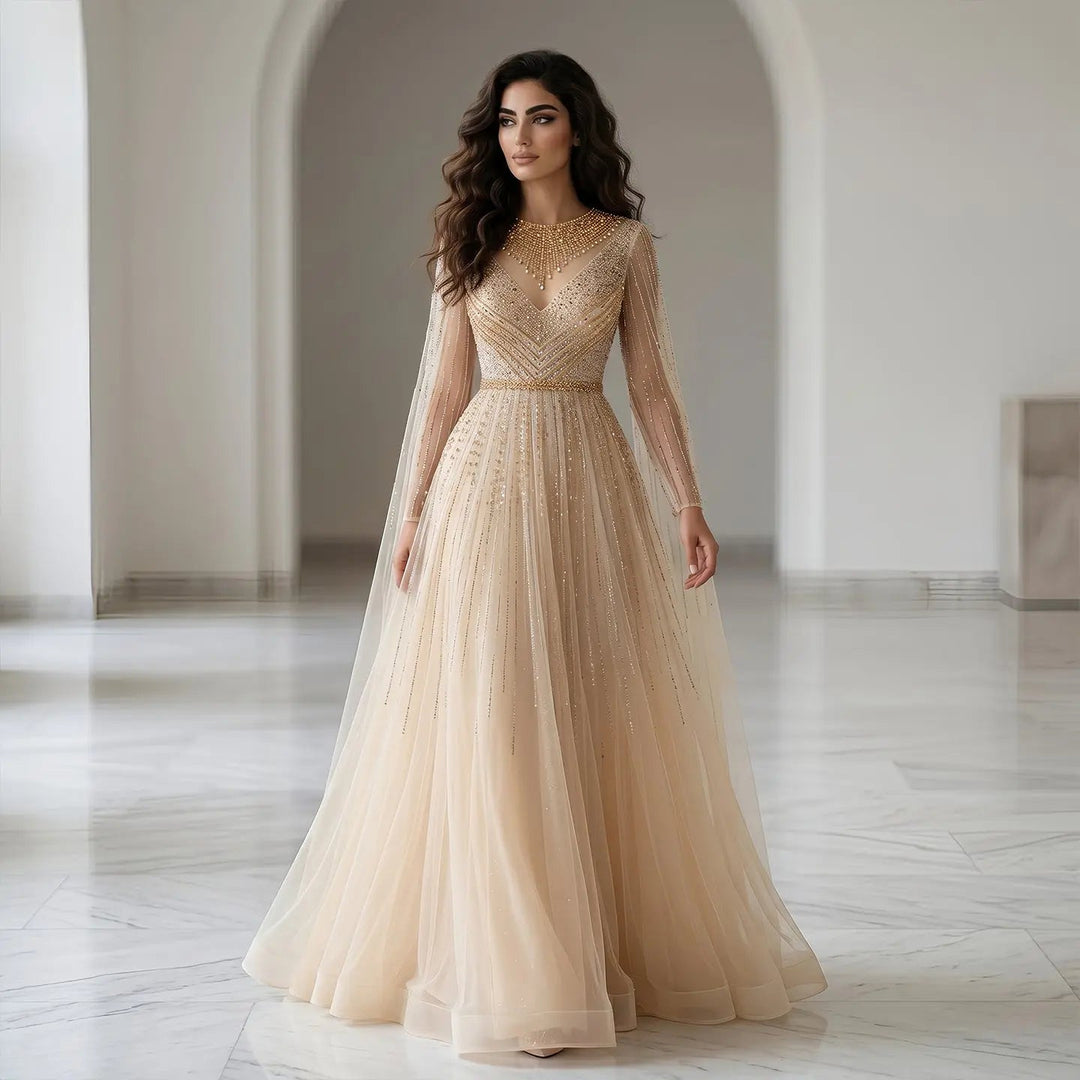 Luxury Blue Beaded Evening Dress with Cape Sleeves SS054-DreamyVow