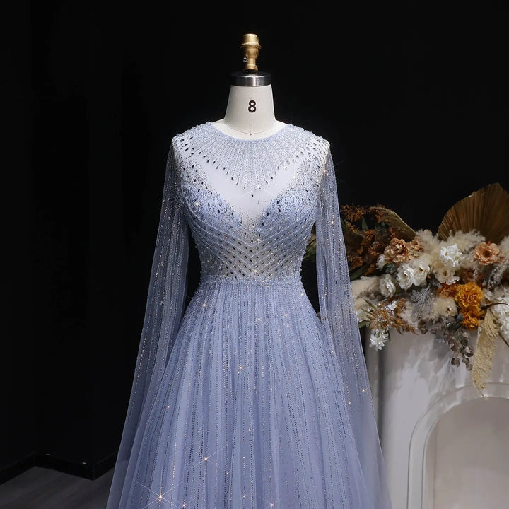 Luxury Blue Beaded Evening Dress with Cape Sleeves SS054-DreamyVow
