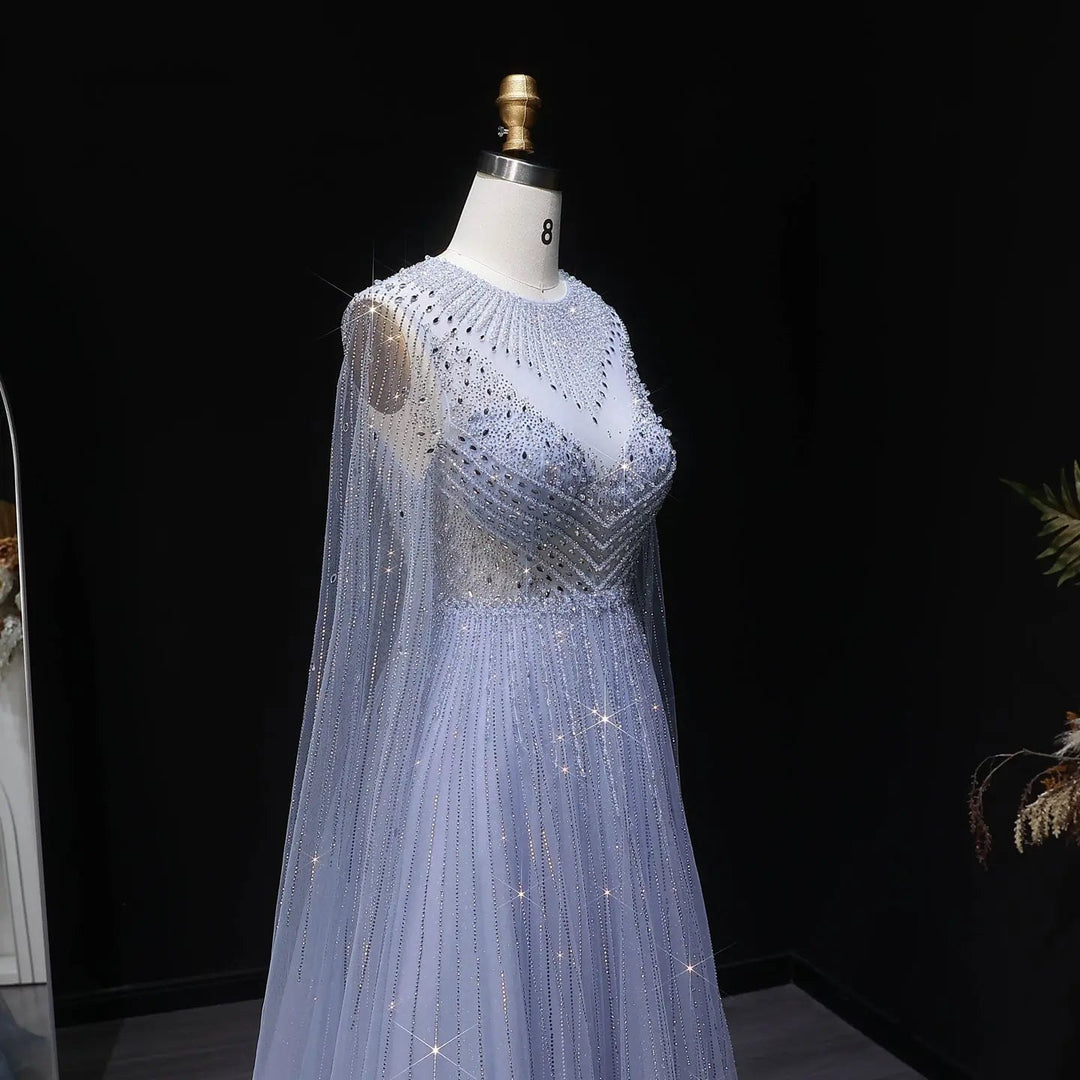 Luxury Blue Beaded Evening Dress with Cape Sleeves SS054-DreamyVow