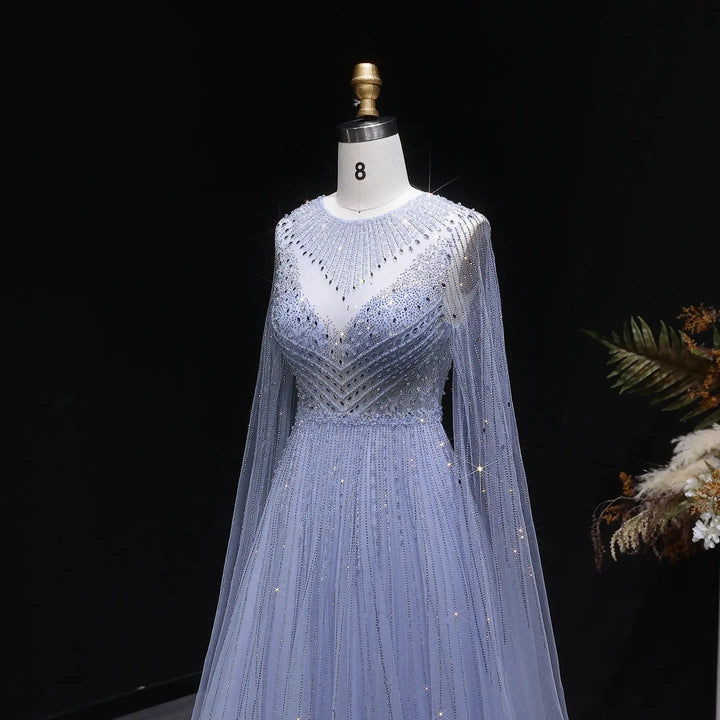 Luxury Blue Beaded Evening Dress with Cape Sleeves SS054-DreamyVow