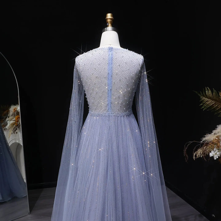 Luxury Blue Beaded Evening Dress with Cape Sleeves SS054-DreamyVow