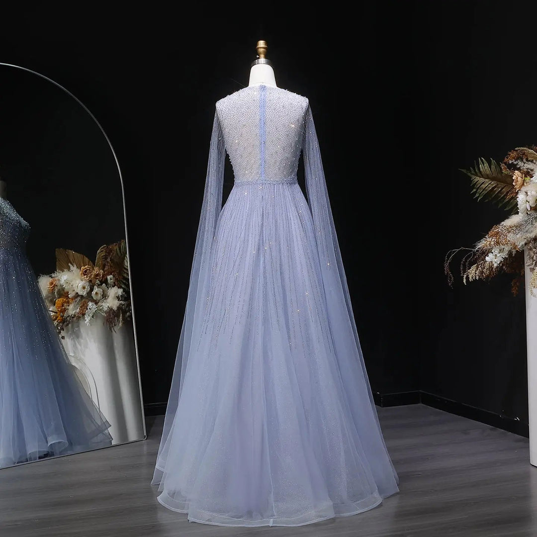 Luxury Blue Beaded Evening Dress with Cape Sleeves SS054-DreamyVow