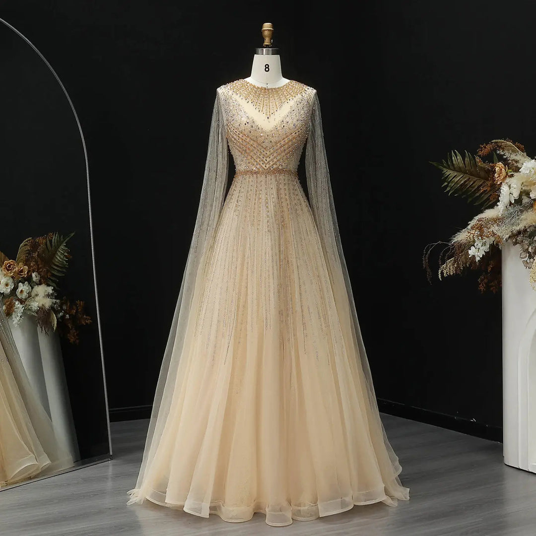 Luxury Blue Beaded Evening Dress with Cape Sleeves SS054-DreamyVow