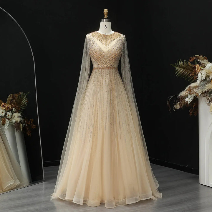 Luxury Blue Beaded Evening Dress with Cape Sleeves SS054-DreamyVow