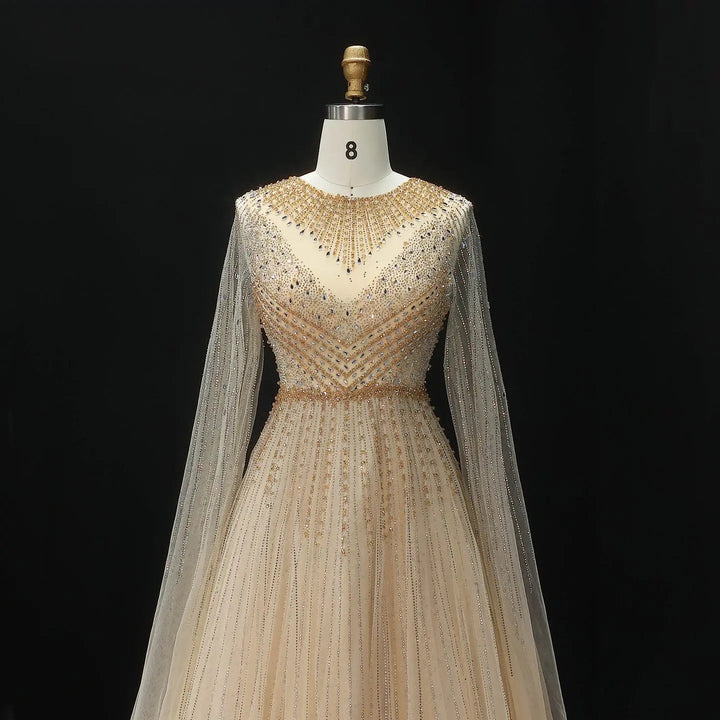 Luxury Blue Beaded Evening Dress with Cape Sleeves SS054-DreamyVow