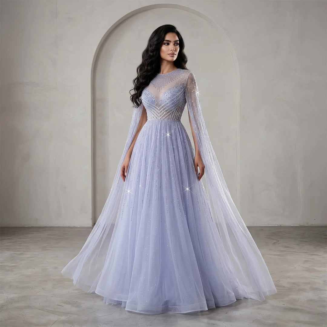 Luxury Blue Beaded Evening Dress with Cape Sleeves SS054 Luxury Blue Beaded Evening Dress with Cape Sleeves SS054