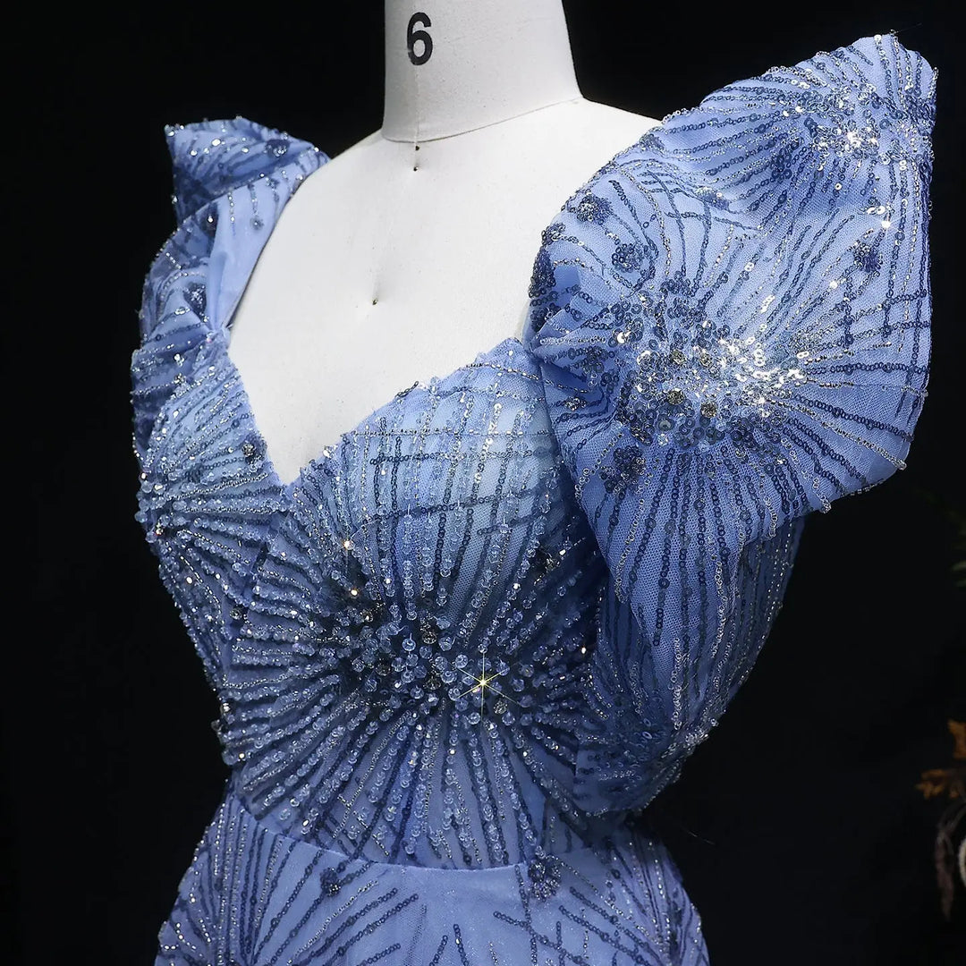 Luxury Blue Beaded Evening Gown with V-Neck Puff Sleeve SS080-DreamyVow