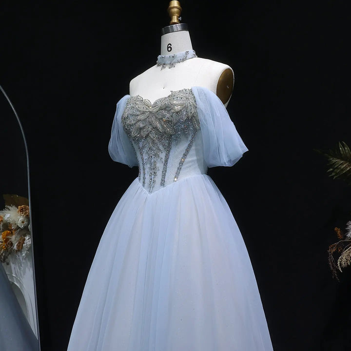 Luxury Blue Beaded Tulle Ball Gown Off Shoulder Evening Dress SS736-DreamyVow