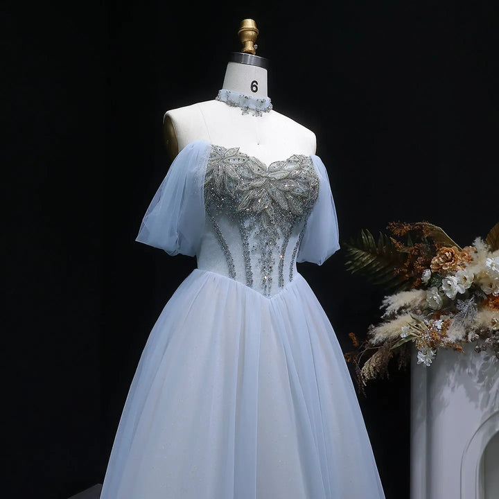 Luxury Blue Beaded Tulle Ball Gown Off Shoulder Evening Dress SS736-DreamyVow