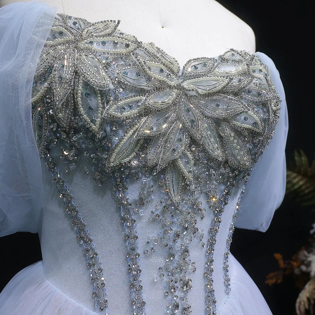 Luxury Blue Beaded Tulle Ball Gown Off Shoulder Evening Dress SS736-DreamyVow