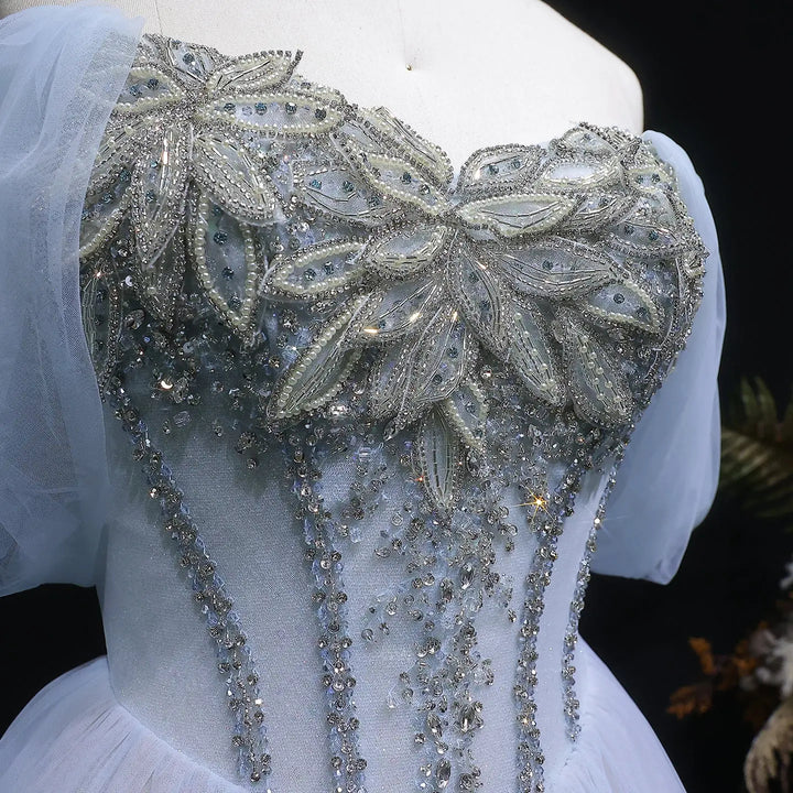 Luxury Blue Beaded Tulle Ball Gown Off Shoulder Evening Dress SS736-DreamyVow