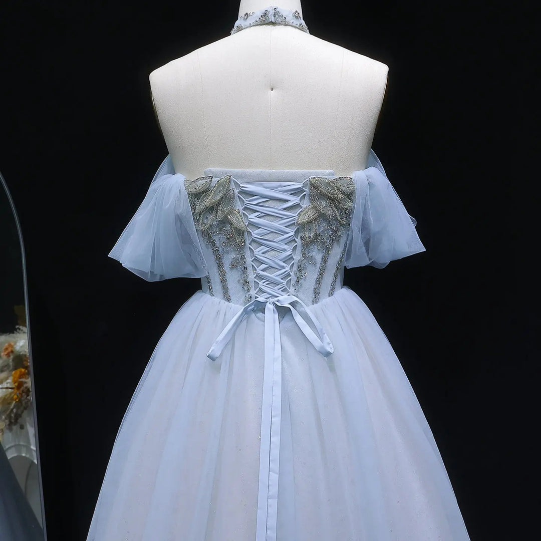 Luxury Blue Beaded Tulle Ball Gown Off Shoulder Evening Dress SS736-DreamyVow