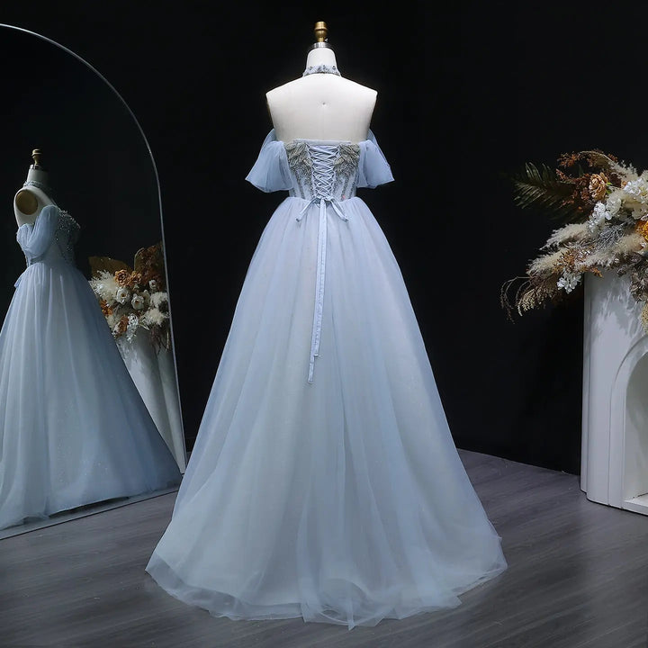 Luxury Blue Beaded Tulle Ball Gown Off Shoulder Evening Dress SS736-DreamyVow