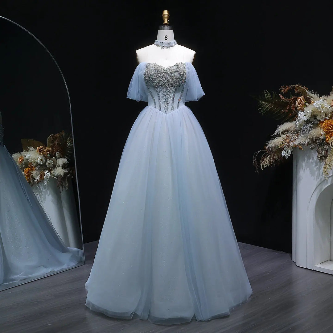 Luxury Blue Beaded Tulle Ball Gown Off Shoulder Evening Dress SS736-DreamyVow