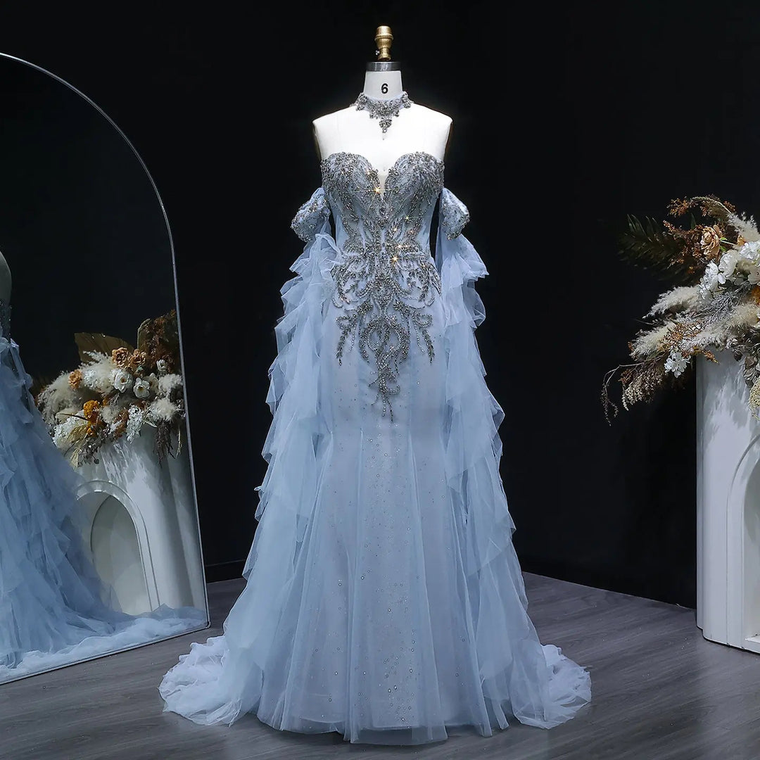 Luxury Blue Crystal Embellished Tulle Evening Dress with Ruffled Cape SS723-DreamyVow