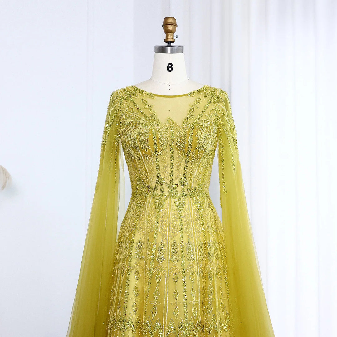 Luxury Blue Evening Dress with Cape Sleeves SS001 DreamyVow Luxury Blue Evening Dress with Cape Sleeves SS001 DreamyVow