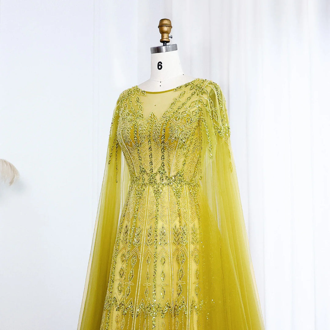 blue prom dress with gold Luxury Blue Evening Dress with Cape Sleeves SS001 – DreamyVow