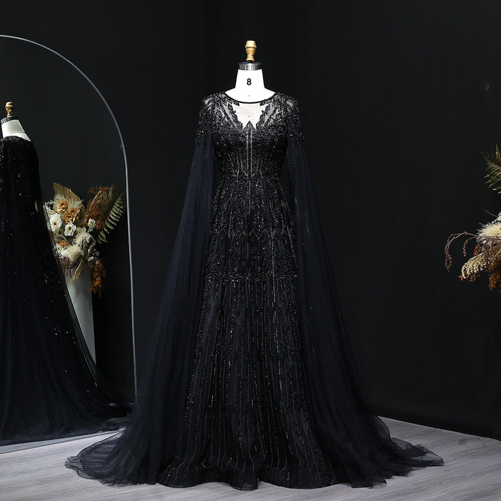 Luxury Blue Evening Dress with Cape Sleeves SS001