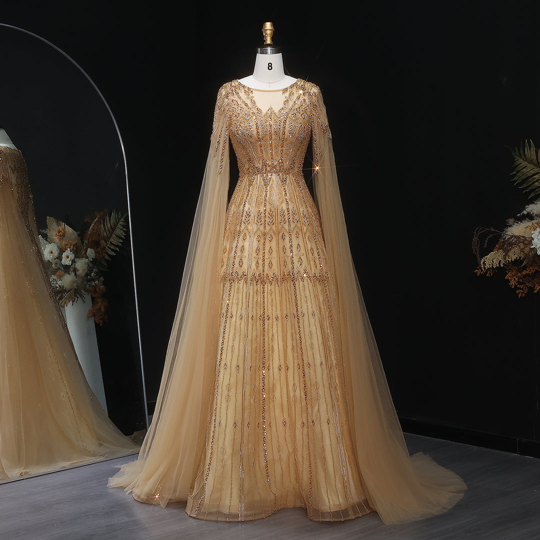 gold cape dress Luxury Blue Evening Dress with Cape Sleeves SS001 – DreamyVow