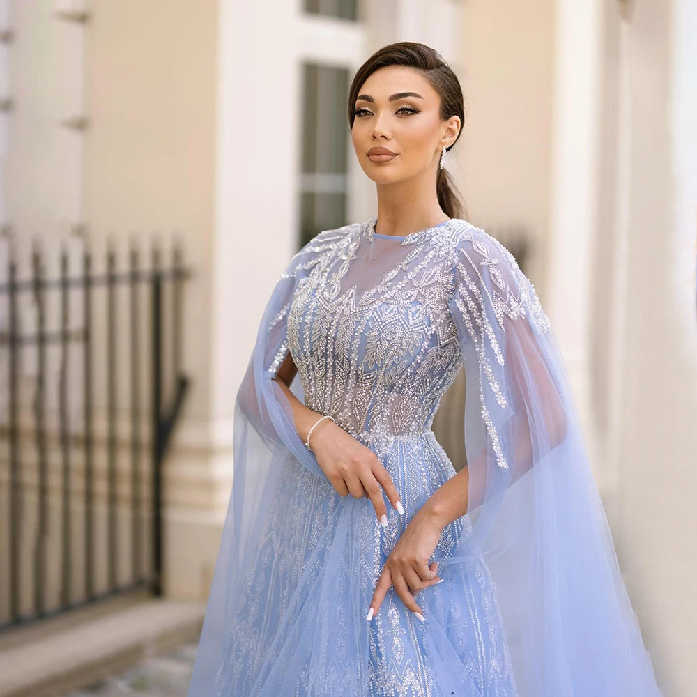 Luxury Blue Evening Dress with Cape Sleeves SS001