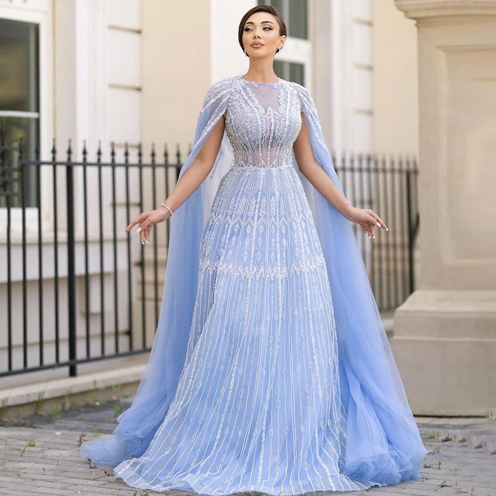Luxury Blue Evening Dress with Cape Sleeves SS001