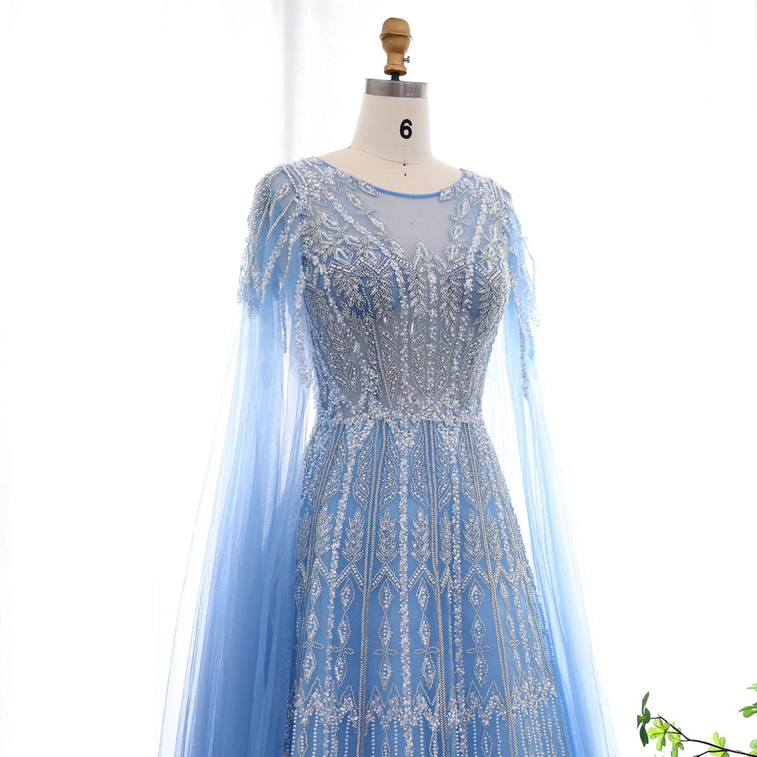 Luxury Blue Evening Dress with Cape Sleeves SS001 DreamyVow Luxury Blue Evening Dress with Cape Sleeves SS001 DreamyVow