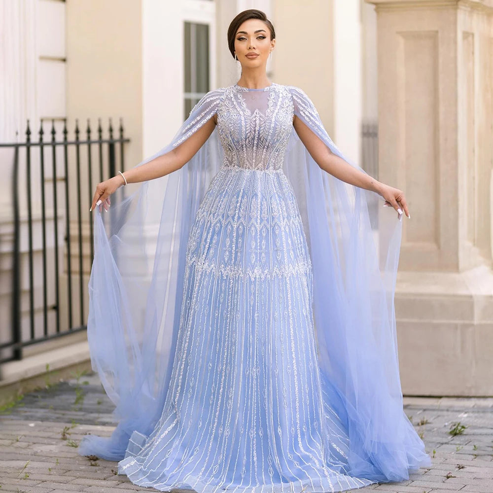 Luxury Blue Evening Dress with Cape Sleeves SS001