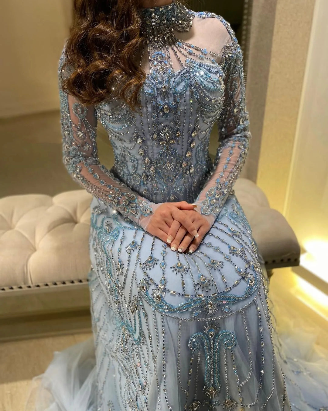 Luxury Blue Long Sleeves High Neck Evening Dress SS587