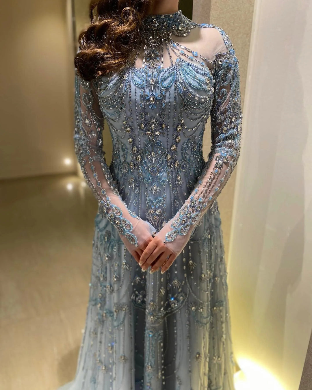Luxury Blue Long Sleeves High Neck Evening Dress SS587