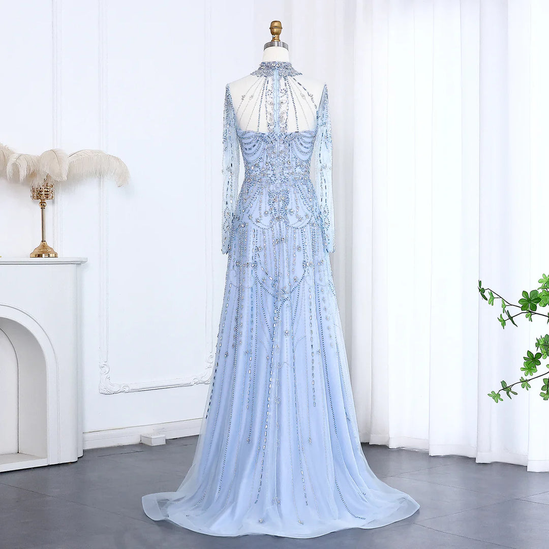 high neck formal dress with sleeves Luxury Rose Pink One Shoulder Mermaid Evening Dresses for Women Wedding Party High Slit Long Prom Formal Gowns Blue / 20