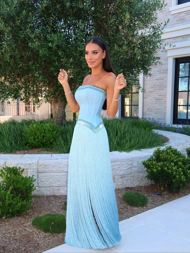 Luxury Blue Strapless Crystal Fringe Evening Dress SS520-DreamyVow