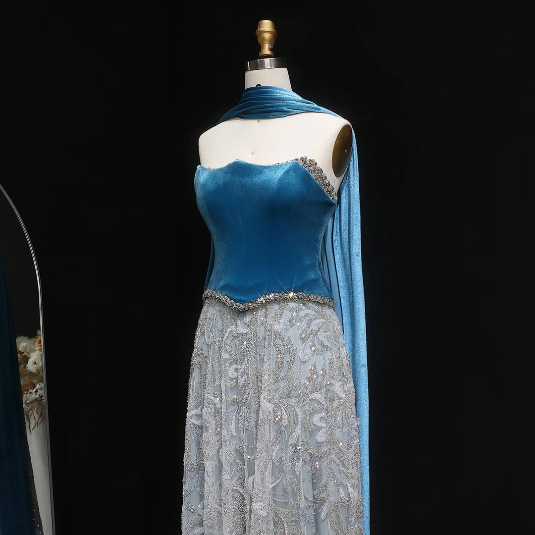 Luxury Blue Velvet Beaded Two Piece Evening Dress with Scarf SS793 DreamyVow Luxury Blue Velvet Beaded Two Piece Evening Dress with Scarf SS793 DreamyVow