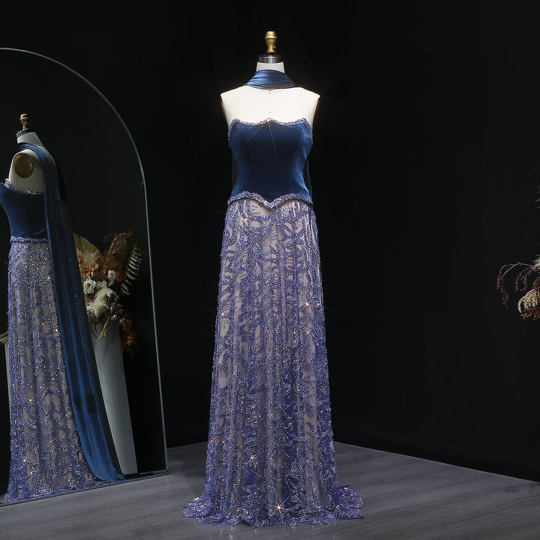 Luxury Blue Velvet Beaded Two Piece Evening Dress with Scarf SS793 DreamyVow Luxury Blue Velvet Beaded Two Piece Evening Dress with Scarf SS793 DreamyVow