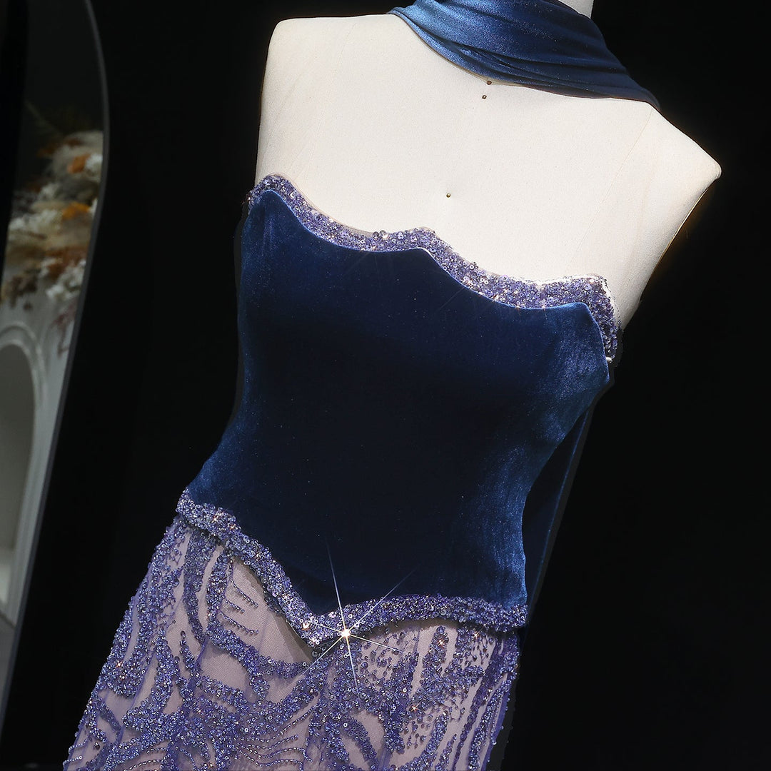Luxury Blue Velvet Beaded Two Piece Evening Dress with Scarf SS793 DreamyVow Luxury Blue Velvet Beaded Two Piece Evening Dress with Scarf SS793 DreamyVow