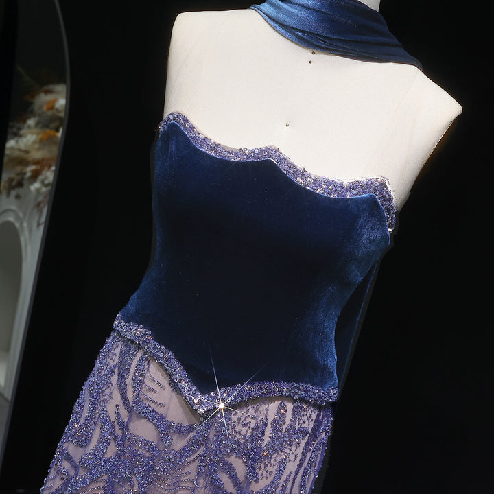Luxury Blue Velvet Beaded Two Piece Evening Dress with Scarf SS793