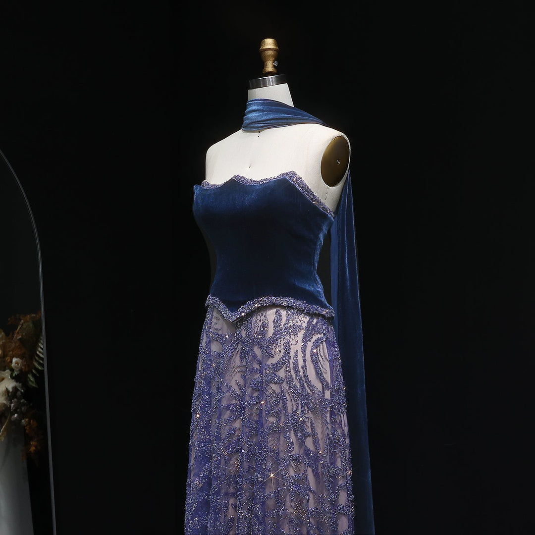 Luxury Blue Velvet Beaded Two Piece Evening Dress with Scarf SS793 DreamyVow Luxury Blue Velvet Beaded Two Piece Evening Dress with Scarf SS793 DreamyVow