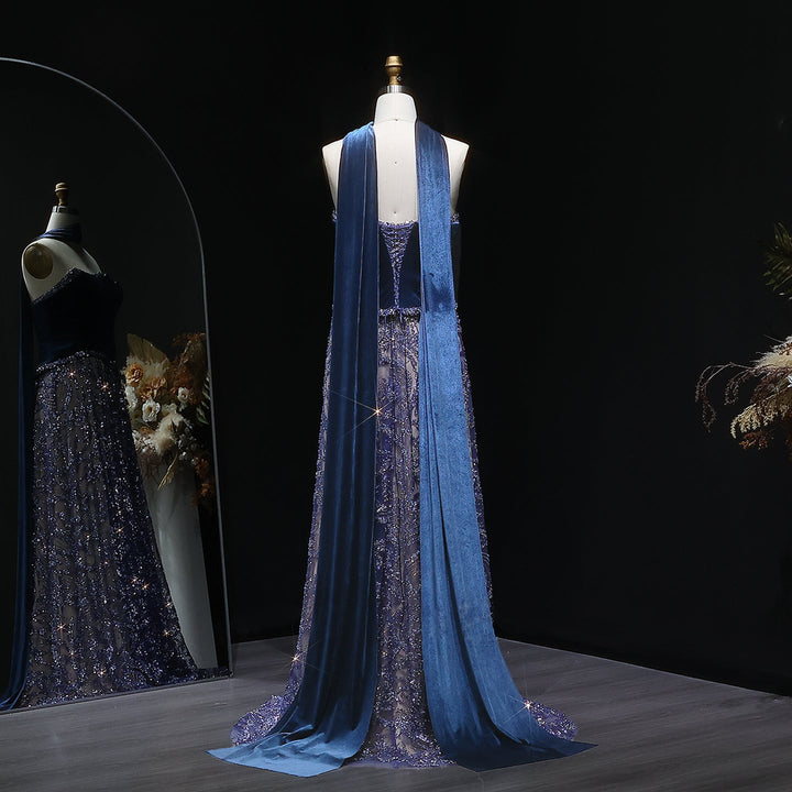 Luxury Blue Velvet Beaded Two Piece Evening Dress with Scarf SS793