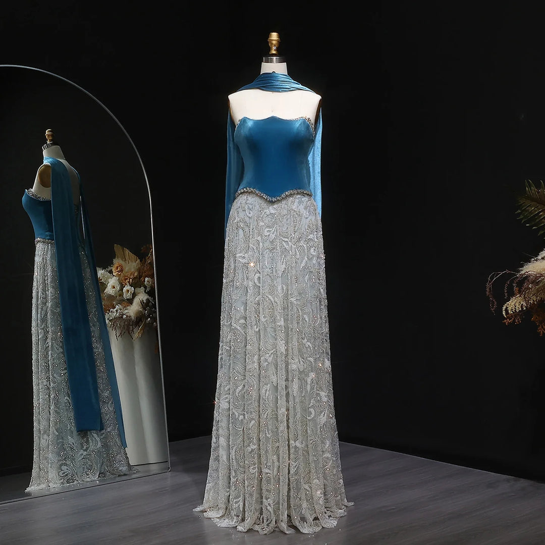 Luxury Blue Velvet Beaded Two Piece Evening Dress with Scarf SS793 DreamyVow Luxury Blue Velvet Beaded Two Piece Evening Dress with Scarf SS793 DreamyVow