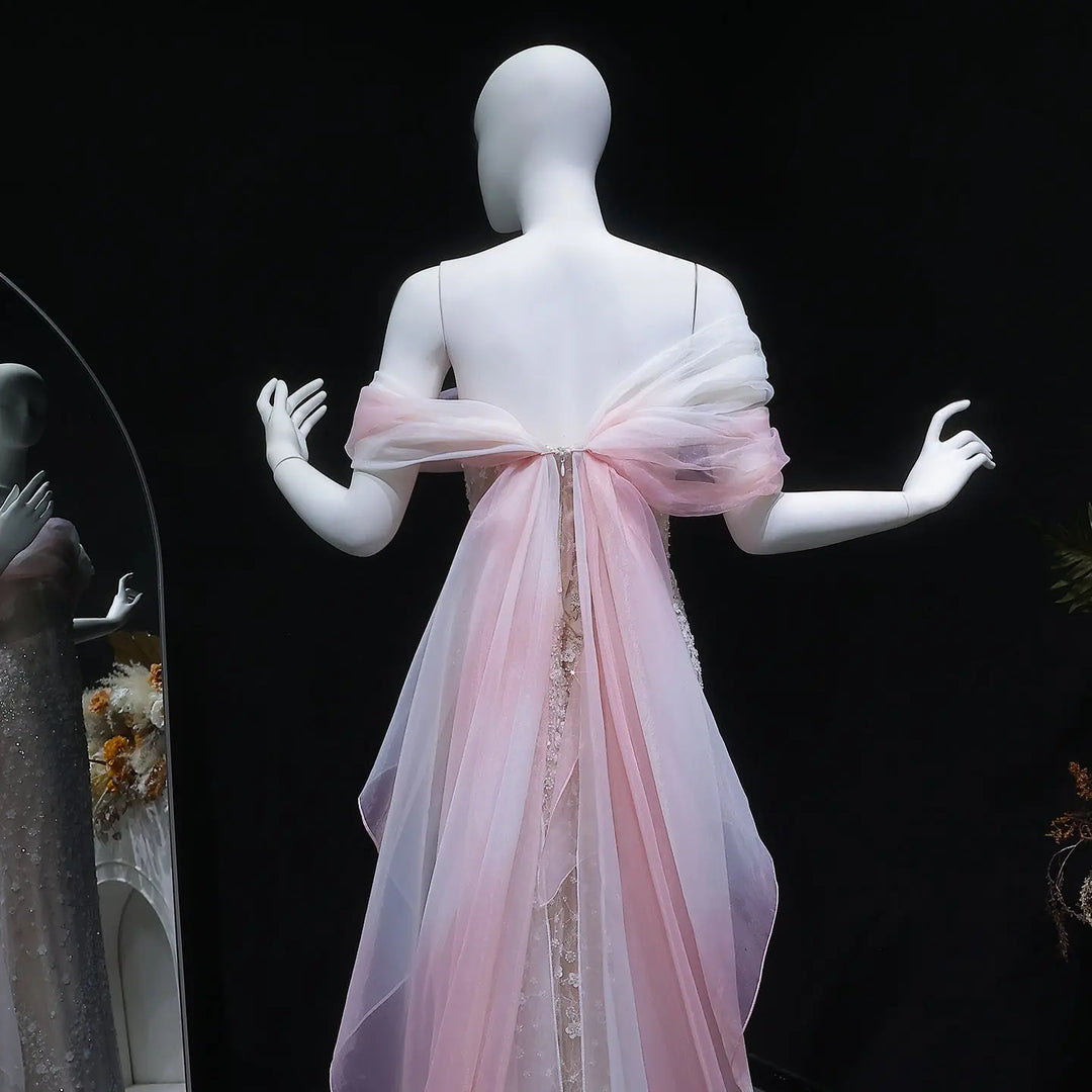 Luxury Blush Pink Ombre Off Shoulder Beaded Evening Dress with Train SS519-DreamyVow