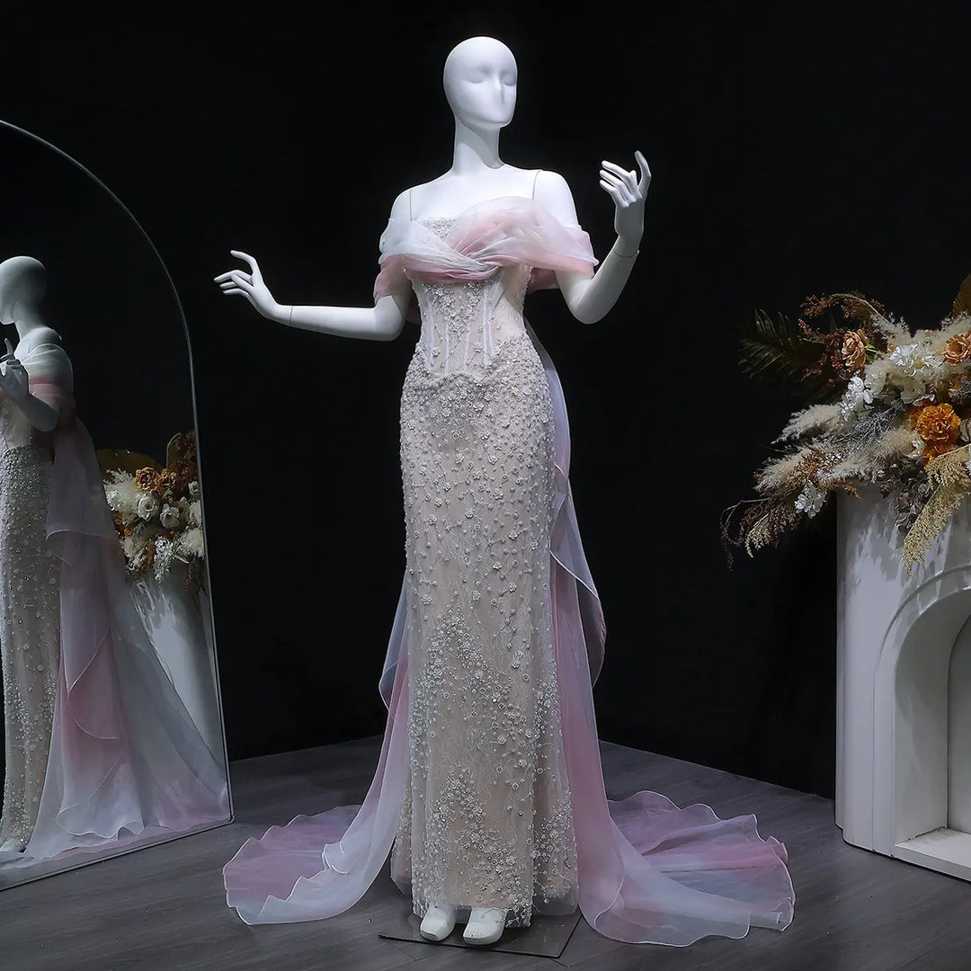 Luxury Blush Pink Ombre Off Shoulder Beaded Evening Dress with Train SS519-DreamyVow