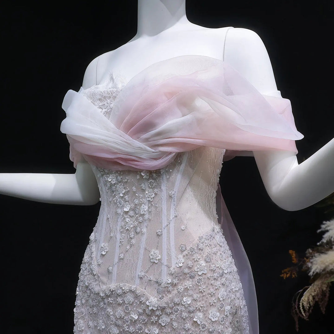 Luxury Blush Pink Ombre Off Shoulder Beaded Evening Dress with Train SS519-DreamyVow
