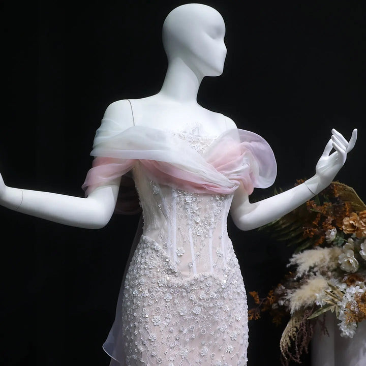Luxury Blush Pink Ombre Off Shoulder Beaded Evening Dress with Train SS519-DreamyVow